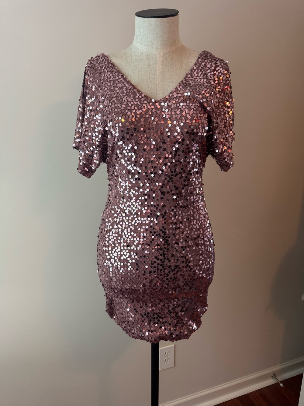 As U Wish Rose Pink Sequin Cold Shoulder V-Neck Mini Dress